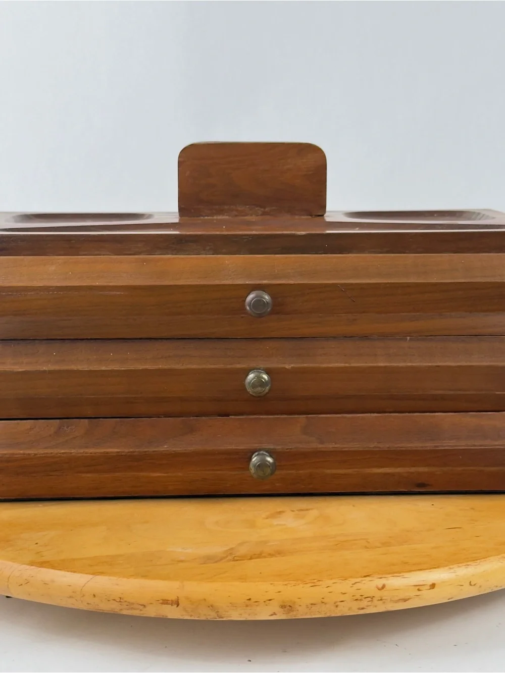 Mid Century Walnut Wood Desk Organizer Jewelry Desk Valet Box w Drawers Catchall